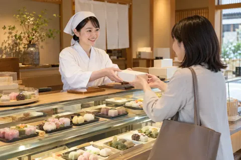 和菓子が並ぶ落ち着いた店とお客様（和菓子の写真 No.24）