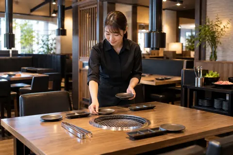 開店前に焼肉のテーブルを準備する店員（焼肉の写真 No.23）