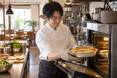 グラタンをオーブンから出すシェフ（洋食・ハンバーグ・オムライスの写真 No.19）