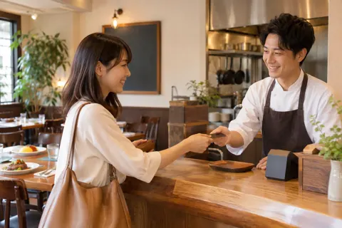 洋食店で代金を払うお客様（洋食・ハンバーグ・オムライスの写真 No.21）