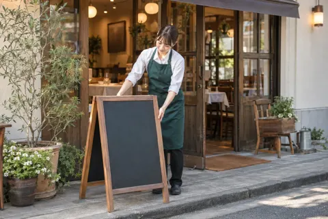 開店前に洋食店の看板を出す店員（洋食・ハンバーグ・オムライスの写真 No.23）