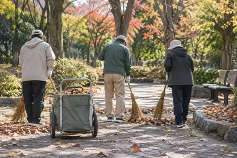 公園で落ち葉をほうきではく人たちの後ろ姿（障害者就労支援・作業所の写真 No.19）