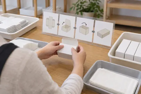 絵のカードで作業の手順を確かめる手元（障害者就労支援・作業所の写真 No.21）