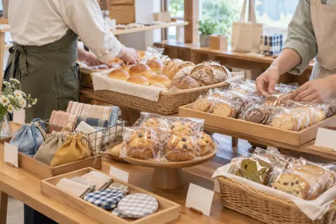 できあがったパンと焼き菓子と手作りの品物が並んだ売り場（障害者就労支援・作業所の写真 No.24）