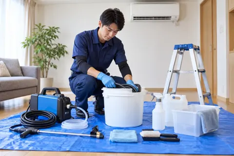 床に並べた洗浄の道具（エアコンクリーニングの写真 No.19）