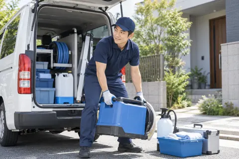 作業車から機材を下ろすスタッフ（エアコンクリーニングの写真 No.20）