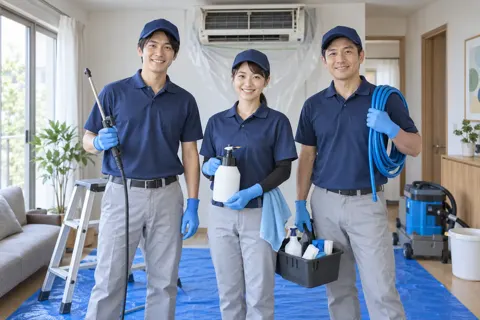 道具を持って並んだスタッフの集合写真（エアコンクリーニングの写真 No.23）