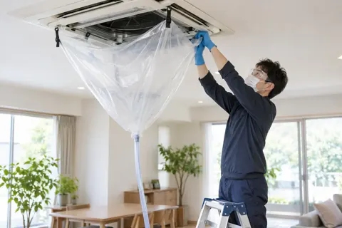 天井のエアコンの下に水受けのシートをつるスタッフ（エアコンクリーニングの写真 No.27）