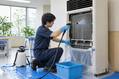 床置きの大きなエアコンを洗うスタッフ（エアコンクリーニングの写真 No.28）