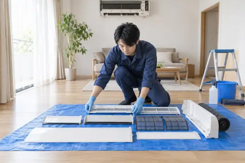外した部品を順番に床に並べるスタッフ（エアコンクリーニングの写真 No.30）
