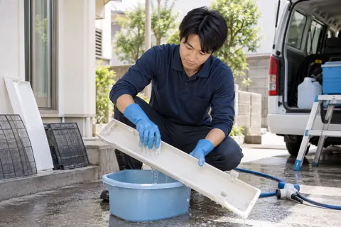 水受けの皿を洗うスタッフ（エアコンクリーニングの写真 No.31）