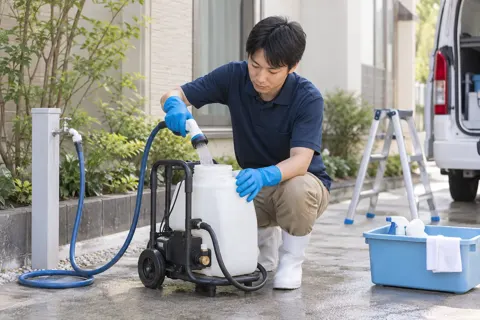 洗浄機のタンクに水を入れるスタッフ（エアコンクリーニングの写真 No.34）