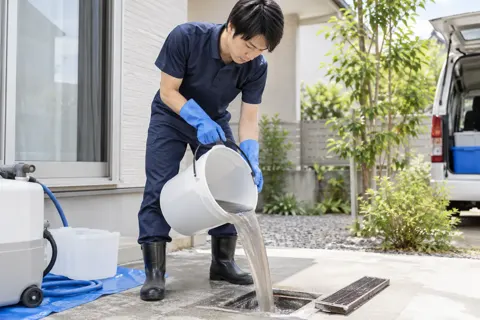 よごれた水を捨てるスタッフ（エアコンクリーニングの写真 No.35）