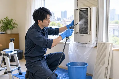 窓用のエアコンを洗うスタッフ（エアコンクリーニングの写真 No.37）