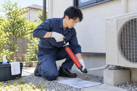 排水のホースのつまりをポンプで取るスタッフ（エアコンクリーニングの写真 No.40）