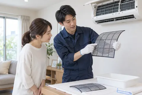 お客様にフィルターの手入れを教えるスタッフ（エアコンクリーニングの写真 No.45）