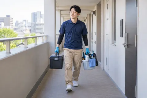 マンションの廊下を道具を持って歩くスタッフ（エアコンクリーニングの写真 No.46）