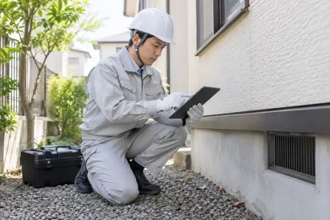 タブレットに調べた結果を記録する作業員（害虫・害獣駆除の写真 No.42）