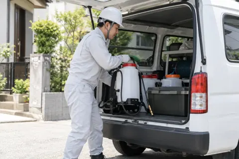 作業車に噴霧器を積む作業員（害虫・害獣駆除の写真 No.46）