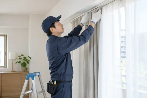 カーテンを取り付ける作業員（引越し・運搬の写真 No.40）