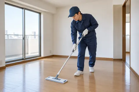 何もなくなった部屋をふいて掃除する作業員（引越し・運搬の写真 No.43）