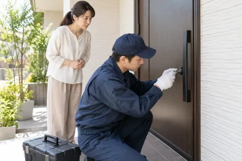 折れた鍵を鍵穴から取り出す技術者（鍵・防犯の写真 No.42）