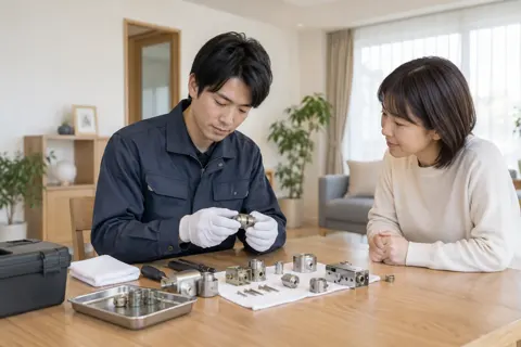 鍵の内部の部品を並べた作業台（鍵・防犯の写真 No.43）