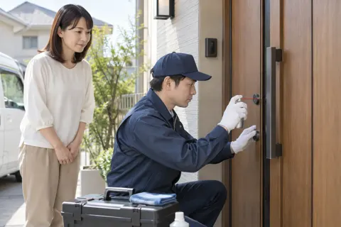 鍵穴にスプレーをして手入れをする技術者（鍵・防犯の写真 No.44）