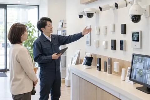防犯カメラやセンサーが並んだ店の展示（鍵・防犯の写真 No.47）