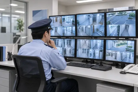 モニターが並んだ部屋で映像を見る警備員（警備・セキュリティの写真 No.20）