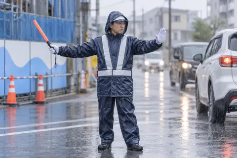 雨の中でかっぱを着て誘導する警備員（警備・セキュリティの写真 No.28）
