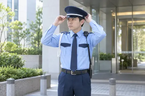 制服の帽子をかぶり直す警備員（警備・セキュリティの写真 No.29）