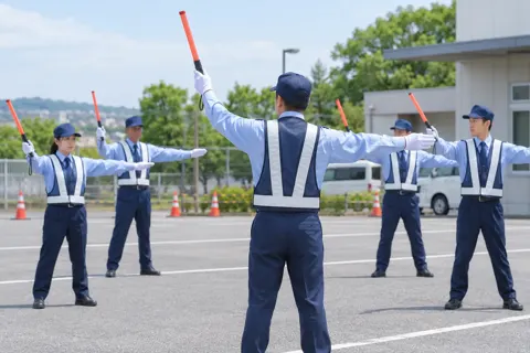 研修で誘導の合図を練習する警備員たち（警備・セキュリティの写真 No.31）