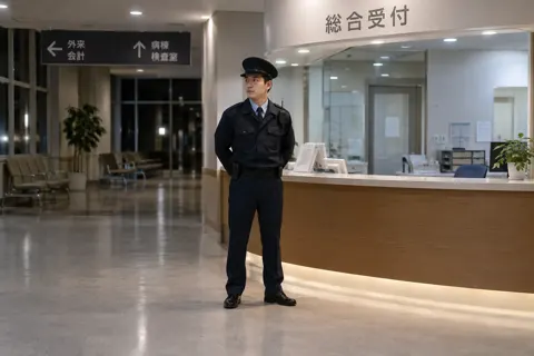 病院の夜間の受付に立つ警備員（警備・セキュリティの写真 No.37）