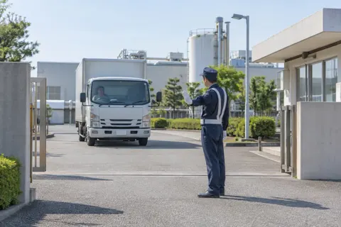 工場の門で車の出入りを確かめる警備員（警備・セキュリティの写真 No.38）