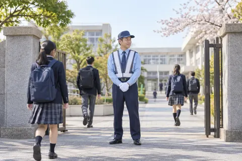 学校の門で登校を見守る警備員（警備・セキュリティの写真 No.39）