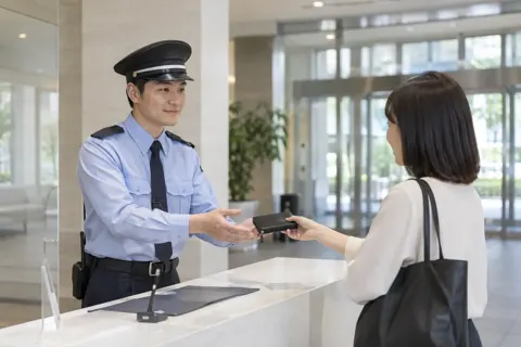 落とし物を受け取る警備員（警備・セキュリティの写真 No.43）