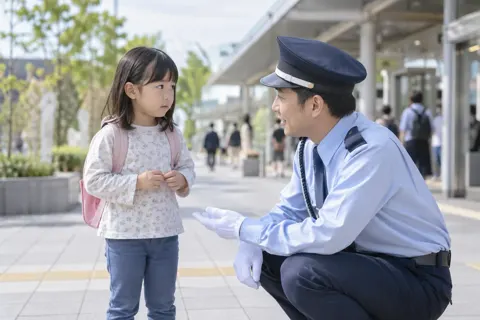迷子の子どもに声をかける警備員（警備・セキュリティの写真 No.44）