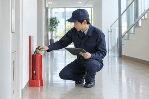 消火器の場所を点検する警備員（警備・セキュリティの写真 No.53）