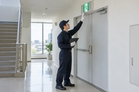 非常口を点検する警備員（警備・セキュリティの写真 No.54）