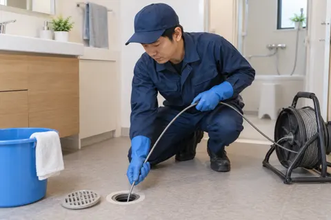 排水口に細長いワイヤーの道具を入れるスタッフ（水漏れ・水道修理（緊急）の写真 No.20）