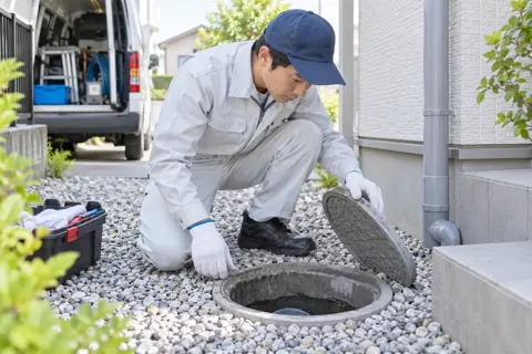 屋外の排水ますのふたを開けて確かめるスタッフ（水漏れ・水道修理（緊急）の写真 No.22）