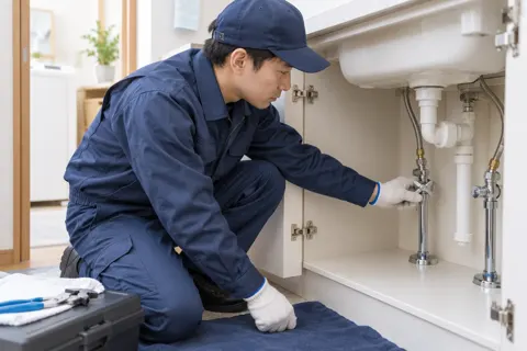 止水栓を閉めるスタッフ（水漏れ・水道修理（緊急）の写真 No.24）