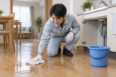 床にこぼれた水をぞうきんでふくスタッフ（水漏れ・水道修理（緊急）の写真 No.26）