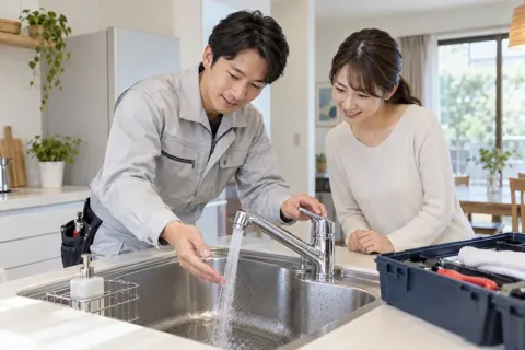 修理が終わって水を出して確かめるスタッフとお客様（水漏れ・水道修理（緊急）の写真 No.31）