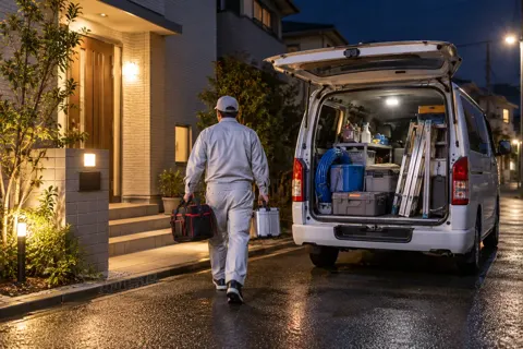 夜に住宅の前に止まった作業車（水漏れ・水道修理（緊急）の写真 No.34）