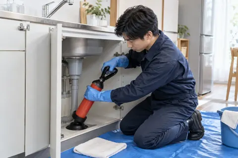 台所の排水のつまりを吸引の道具で直すスタッフ（水漏れ・水道修理（緊急）の写真 No.42）