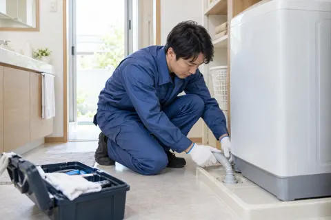 洗濯機の排水ホースを直すスタッフ（水漏れ・水道修理（緊急）の写真 No.44）