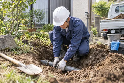 庭の地面を掘って水道管を直すスタッフ（水漏れ・水道修理（緊急）の写真 No.46）