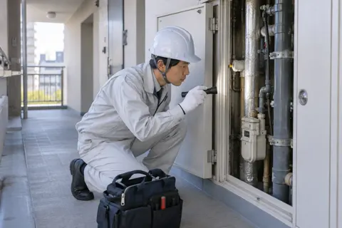 マンションの配管のスペースを調べるスタッフ（水漏れ・水道修理（緊急）の写真 No.49）